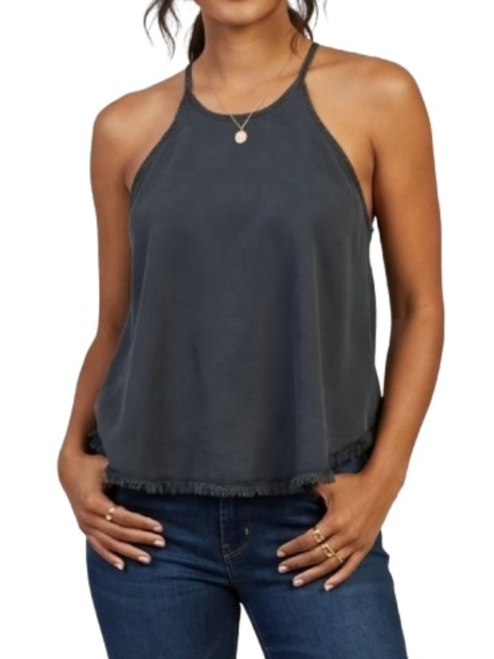 Unpublished Faded Black Blouse Halter Neck Fringe Trim Solid Lightweight
